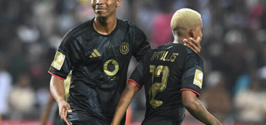 Boitumelo Radiopane and Oswin Appollis celebrate after scoring against Sekhukhune United at the Orlando Amstel Arena in Soweto, Johannesburg on Tuesday 25 August 2026.