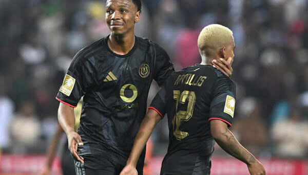 Boitumelo Radiopane and Oswin Appollis celebrate after scoring against Sekhukhune United at the Orlando Amstel Arena in Soweto, Johannesburg on Tuesday 25 August 2026.