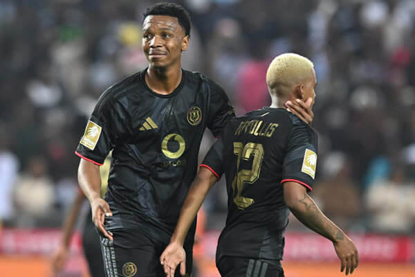 Boitumelo Radiopane and Oswin Appollis celebrate after scoring against Sekhukhune United at the Orlando Amstel Arena in Soweto, Johannesburg on Tuesday 25 August 2026.